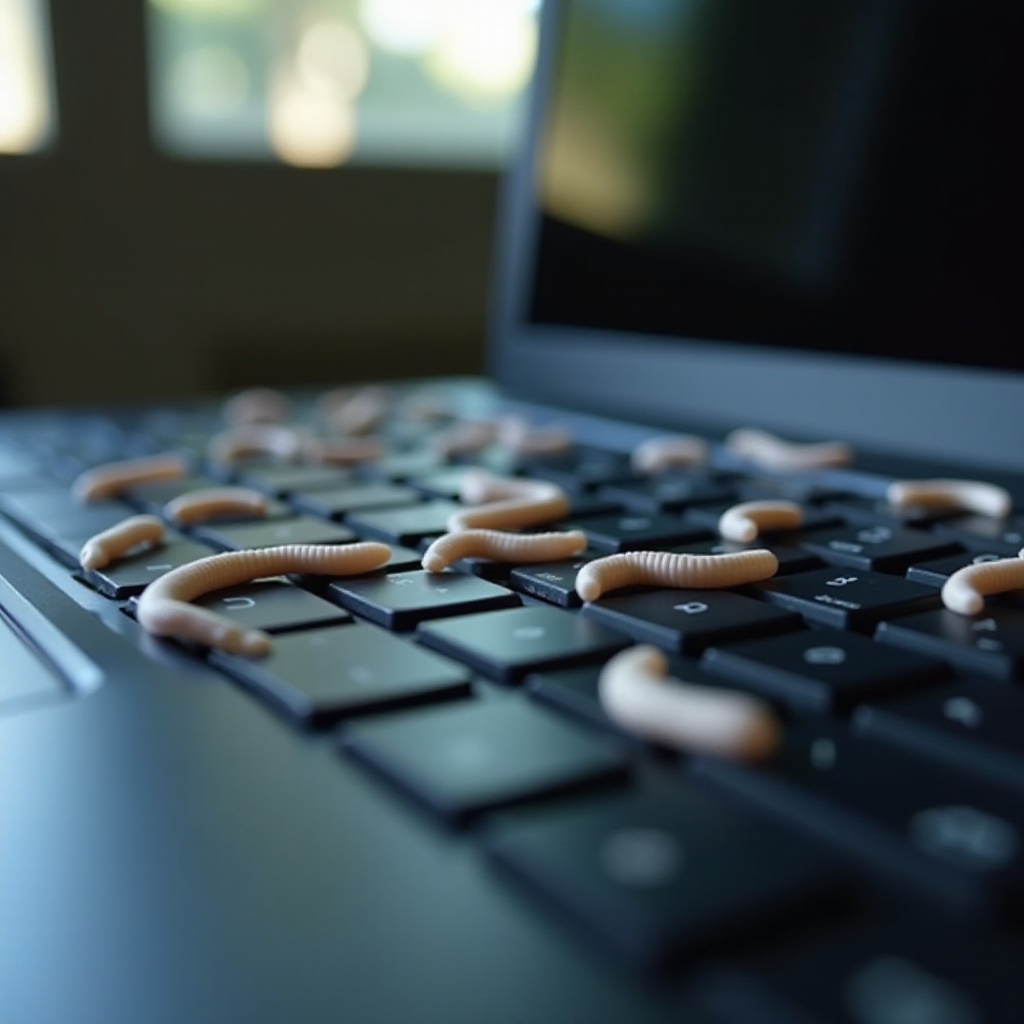 małe białe robaki na laptopie
